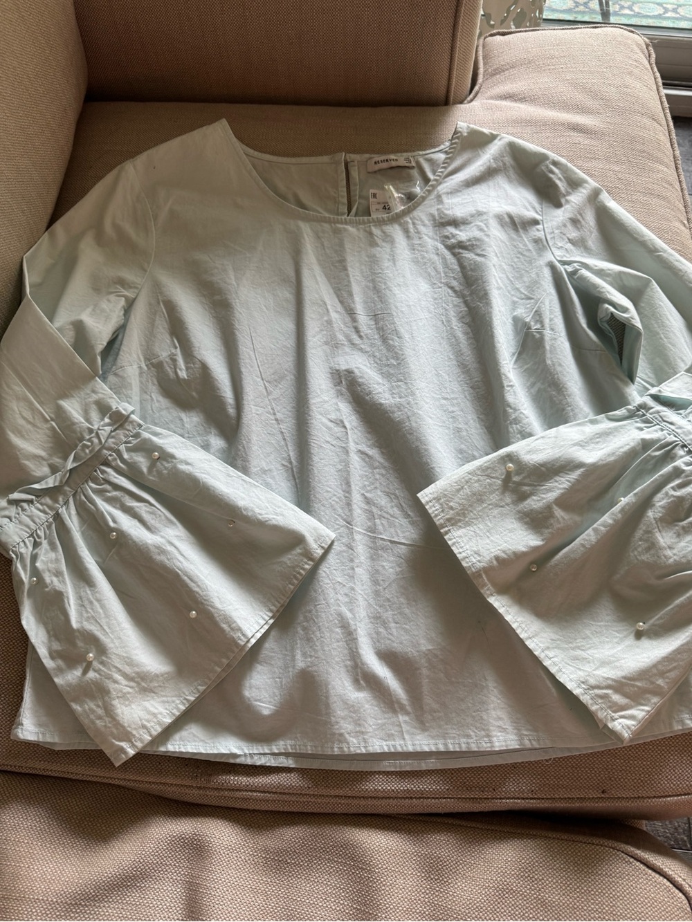 NWT Reserved Light Blue Pearl-Trim Bell Sleeve Blouse